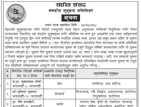 १७ देशमा प्रस्तावित राजदूतविरुद्ध उजुरी आह्वान